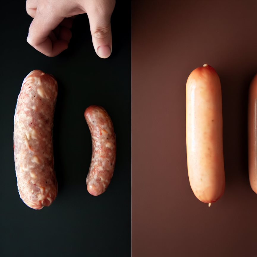 Comparaison visuelle entre saucisses faites avec des boyaux naturels et artificiels.